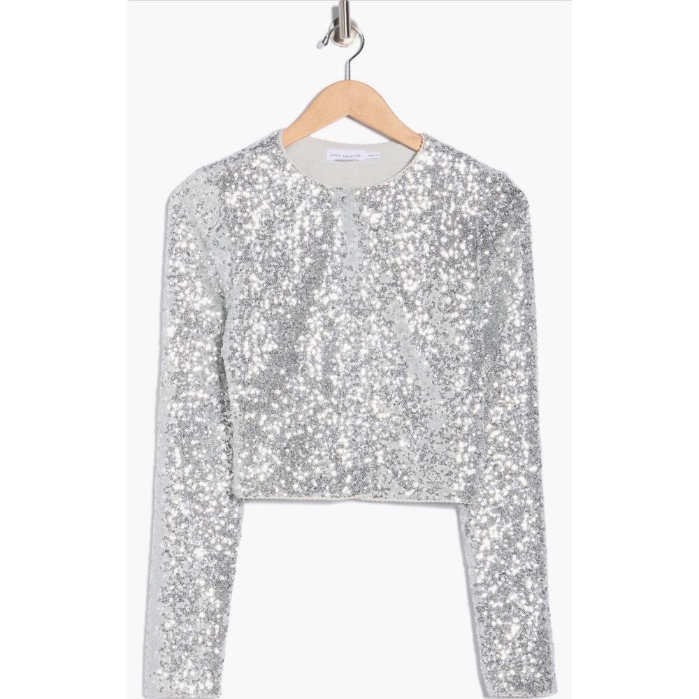 NWT $179 Medium Good American Sequin Cropped Cardigan Metallic Silver Sparkle